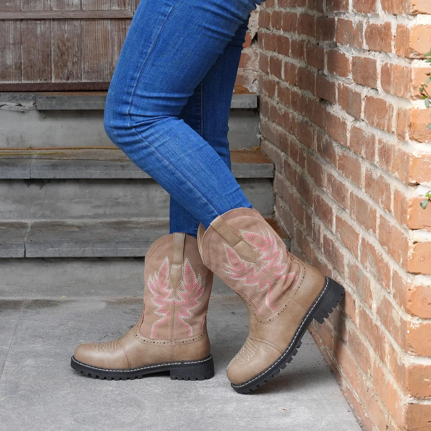 Hawkwell Women's Mid Calf Western Cowboy Cowgirl Boot Round Toe Embroidered Fashion Boots