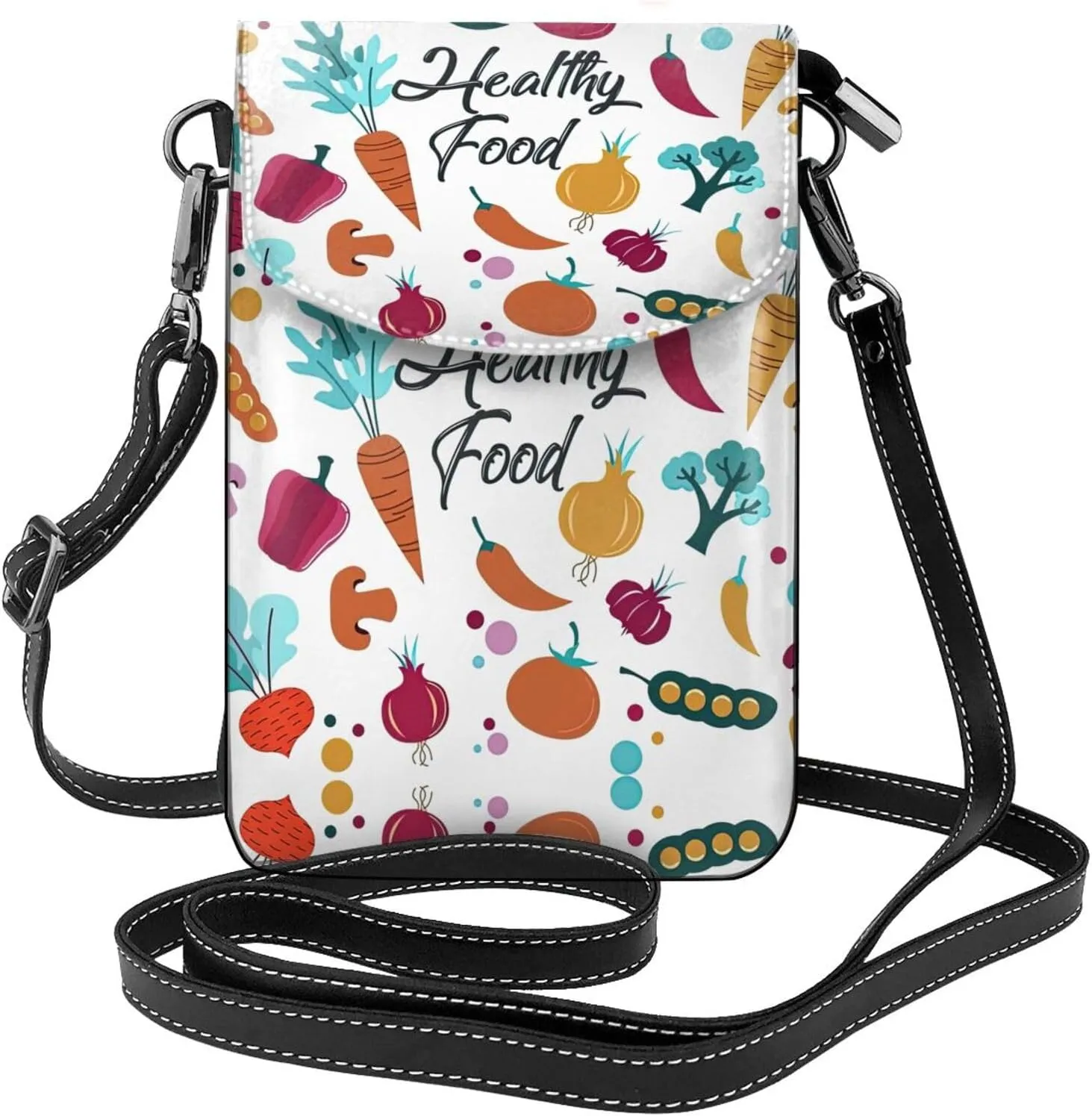 Healthy Food Crossbody Bag For Women Leather Cellphone Shoulder Purses Fashion Travel Designer Wallet, Black