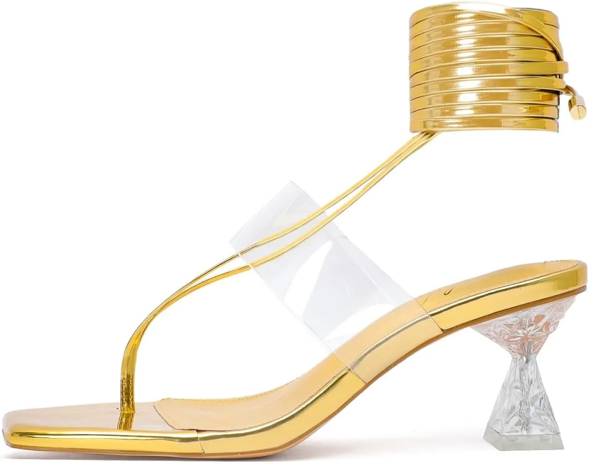 Heels for Women Square Open Toe Lace Up Thong Strappy Heel Sandals Sexy Tie Up Clear Chunky Heeled Sandals for Party Wedding