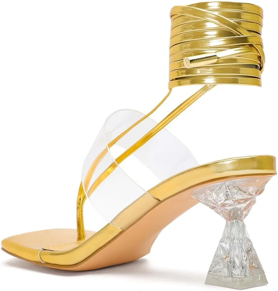 Heels for Women Square Open Toe Lace Up Thong Strappy Heel Sandals Sexy Tie Up Clear Chunky Heeled Sandals for Party Wedding
