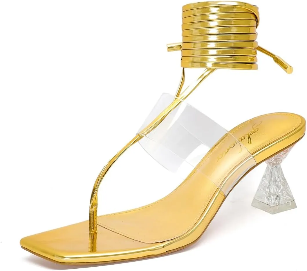 Heels for Women Square Open Toe Lace Up Thong Strappy Heel Sandals Sexy Tie Up Clear Chunky Heeled Sandals for Party Wedding