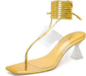 Heels for Women Square Open Toe Lace Up Thong Strappy Heel Sandals Sexy Tie Up Clear Chunky Heeled Sandals for Party Wedding