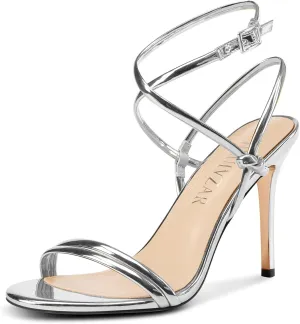 HEUIVZAR Womens Strappy Lace-up Stiletto High Heel Sandals Open Toe Ankle Strap Slingback Party Sexy Dress Shoes Patent Leather 3.9 Inches Heels