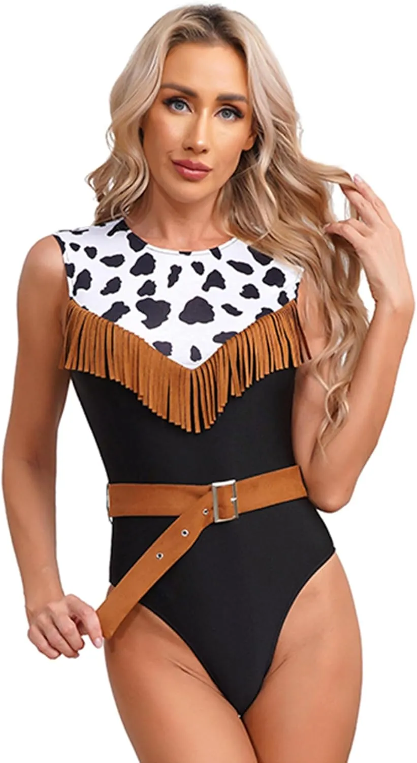 Hularka Halloween Cowgirl Costume Vintage Classic Fringed Western Outfits Cowgirl Leotard with Suede Belt