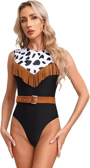 Hularka Halloween Cowgirl Costume Vintage Classic Fringed Western Outfits Cowgirl Leotard with Suede Belt