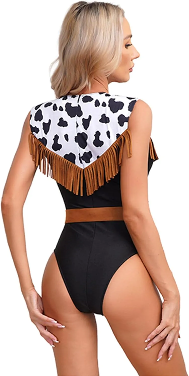Hularka Halloween Cowgirl Costume Vintage Classic Fringed Western Outfits Cowgirl Leotard with Suede Belt