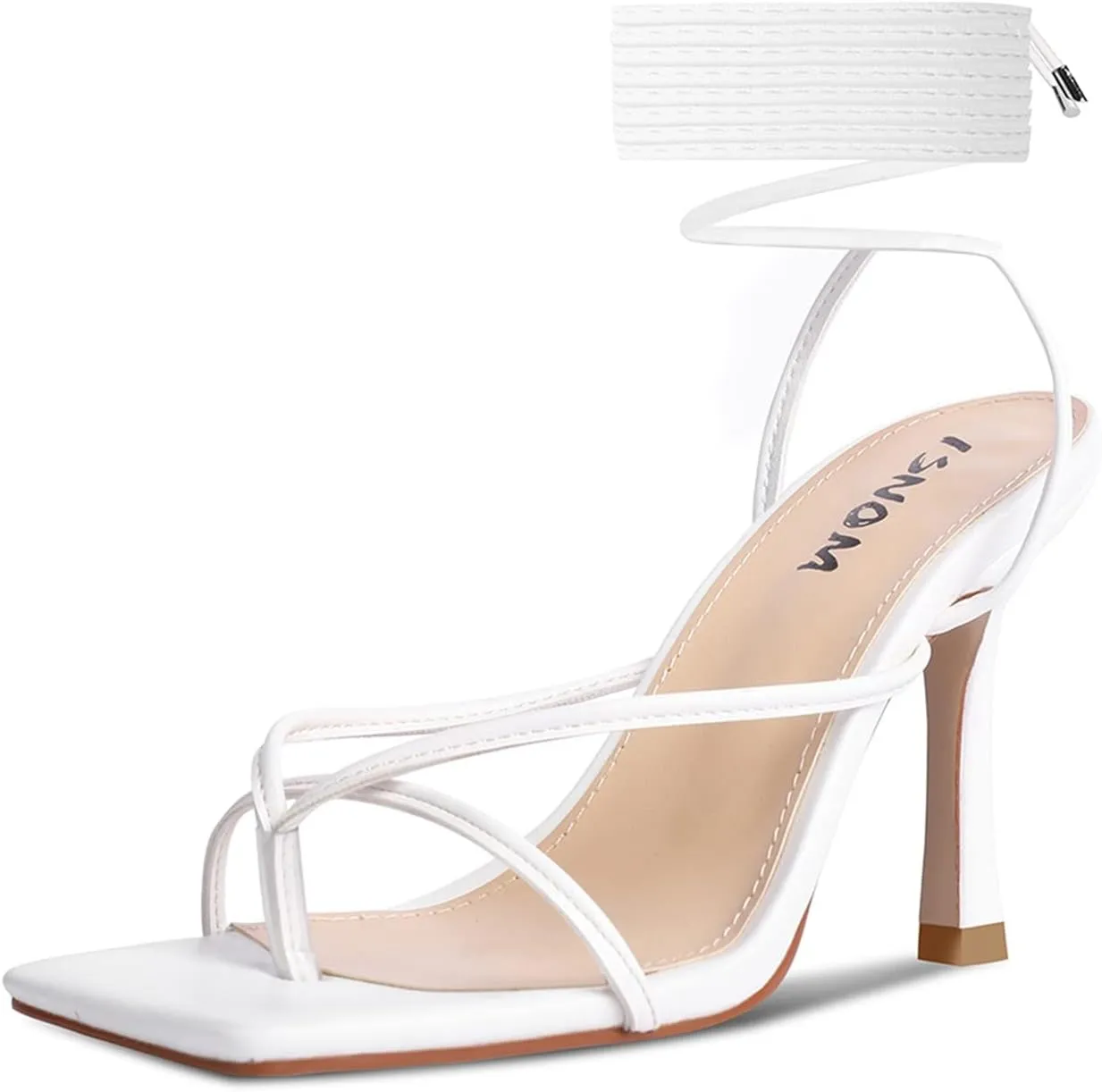 ISNOM Lace Up Heels Sandals for Women, Square Toe, Open Toe Thong, Stiletto Heels Design