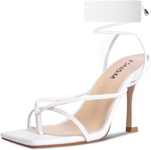 ISNOM Lace Up Heels Sandals for Women, Square Toe, Open Toe Thong, Stiletto Heels Design