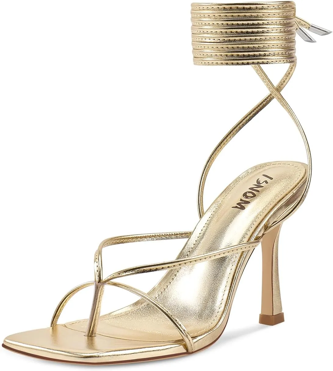 ISNOM Lace Up Heels Sandals for Women, Square Toe, Open Toe Thong, Stiletto Heels Design