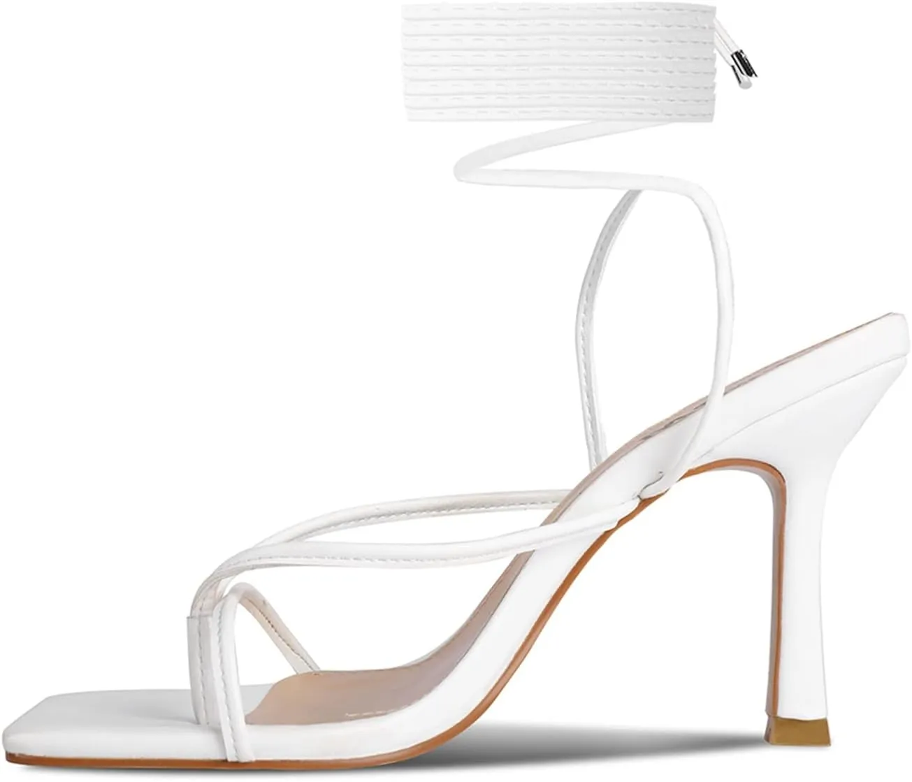 ISNOM Lace Up Heels Sandals for Women, Square Toe, Open Toe Thong, Stiletto Heels Design