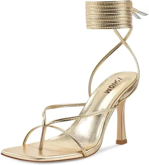 ISNOM Lace Up Heels Sandals for Women, Square Toe, Open Toe Thong, Stiletto Heels Design