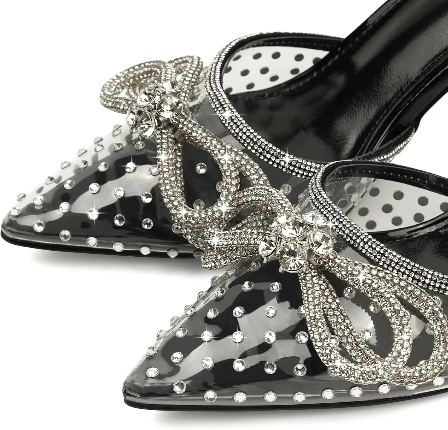 JENN ARDOR Women’s Heels for Bride Sparkly Low Heels Slingback Pumps 3.4 inch Clear Kitten Heels Wedding with Rhinestones Bow Pumps Pointed Toe Sandals Dress Shoes for Prom Party Dating