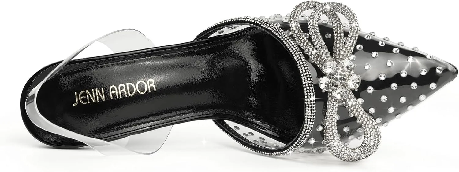 JENN ARDOR Women’s Heels for Bride Sparkly Low Heels Slingback Pumps 3.4 inch Clear Kitten Heels Wedding with Rhinestones Bow Pumps Pointed Toe Sandals Dress Shoes for Prom Party Dating