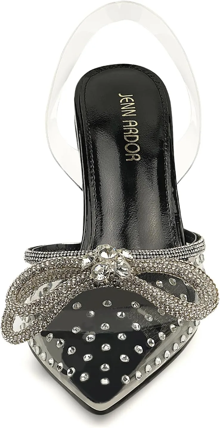 JENN ARDOR Women’s Heels for Bride Sparkly Low Heels Slingback Pumps 3.4 inch Clear Kitten Heels Wedding with Rhinestones Bow Pumps Pointed Toe Sandals Dress Shoes for Prom Party Dating