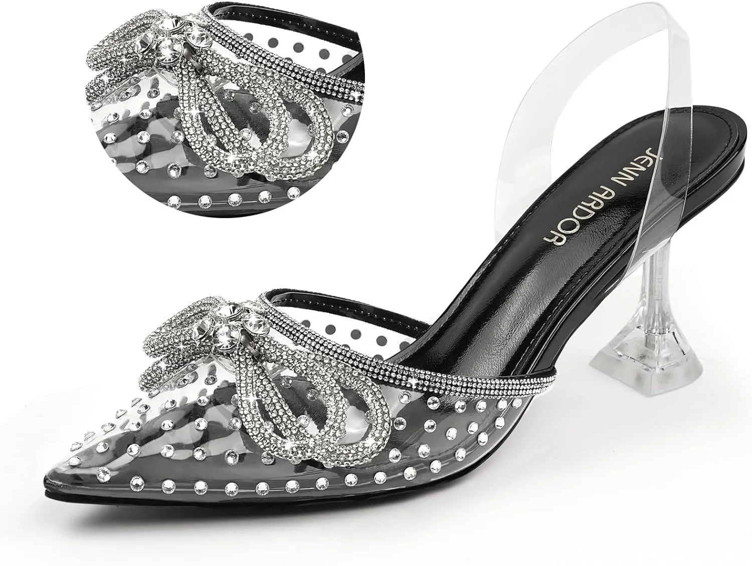 JENN ARDOR Women’s Heels for Bride Sparkly Low Heels Slingback Pumps 3.4 inch Clear Kitten Heels Wedding with Rhinestones Bow Pumps Pointed Toe Sandals Dress Shoes for Prom Party Dating
