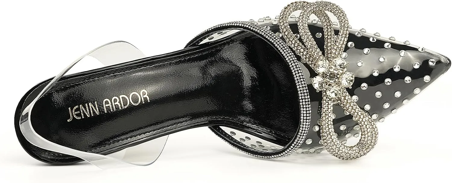 JENN ARDOR Women’s Heels for Bride Sparkly Low Heels Slingback Pumps 3.4 inch Clear Kitten Heels Wedding with Rhinestones Bow Pumps Pointed Toe Sandals Dress Shoes for Prom Party Dating