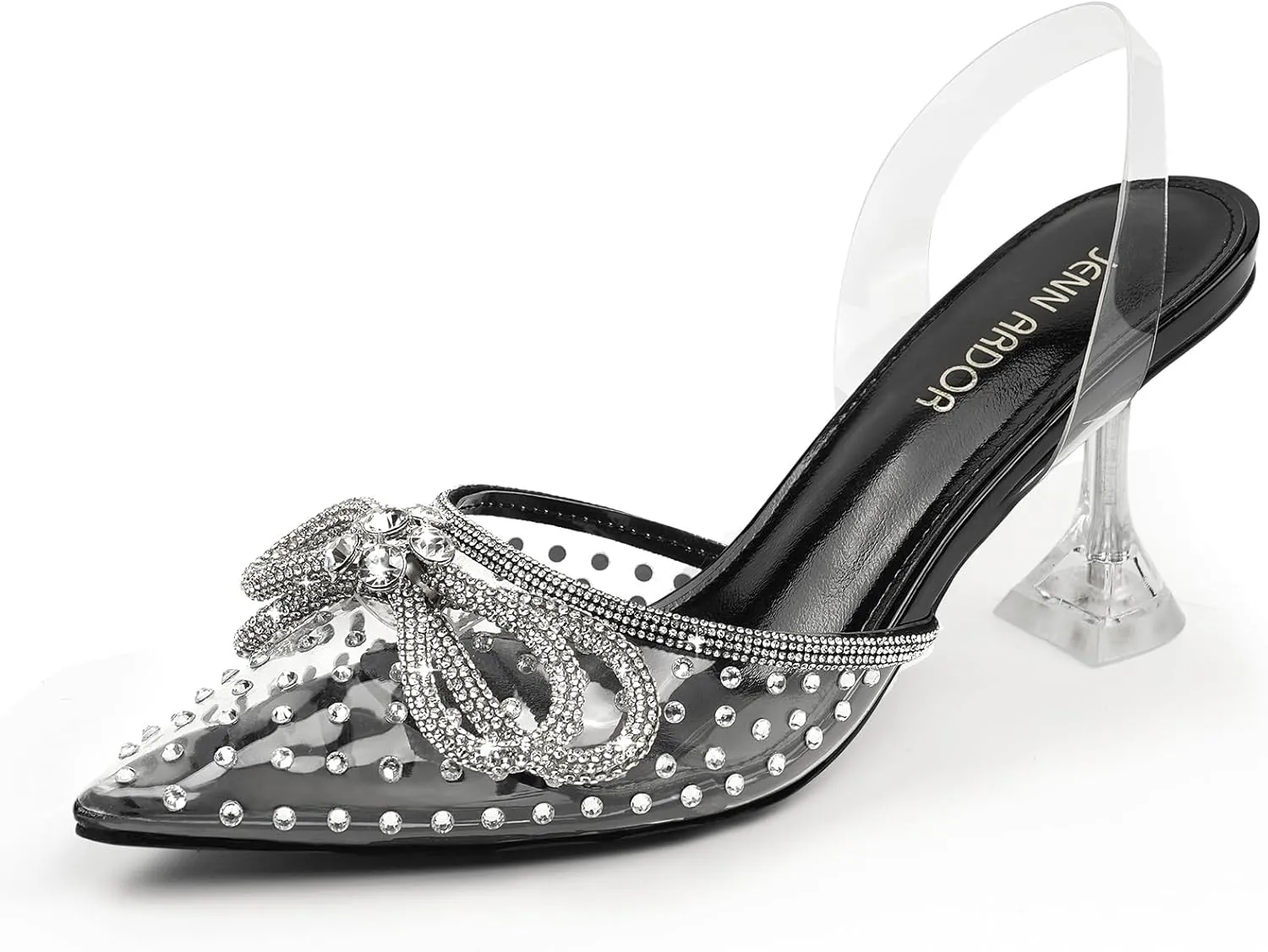 JENN ARDOR Women’s Heels for Bride Sparkly Low Heels Slingback Pumps 3.4 inch Clear Kitten Heels Wedding with Rhinestones Bow Pumps Pointed Toe Sandals Dress Shoes for Prom Party Dating
