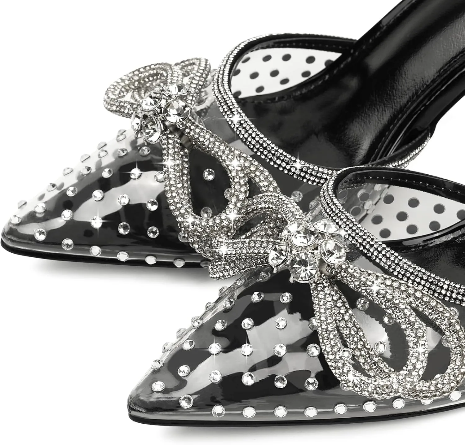JENN ARDOR Women’s Heels for Bride Sparkly Low Heels Slingback Pumps 3.4 inch Clear Kitten Heels Wedding with Rhinestones Bow Pumps Pointed Toe Sandals Dress Shoes for Prom Party Dating