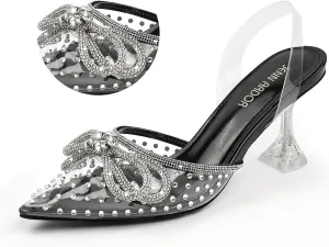 JENN ARDOR Women’s Heels for Bride Sparkly Low Heels Slingback Pumps 3.4 inch Clear Kitten Heels Wedding with Rhinestones Bow Pumps Pointed Toe Sandals Dress Shoes for Prom Party Dating