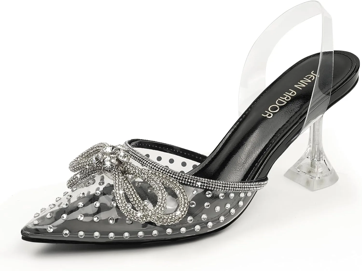 JENN ARDOR Women’s Heels for Bride Sparkly Low Heels Slingback Pumps 3.4 inch Clear Kitten Heels Wedding with Rhinestones Bow Pumps Pointed Toe Sandals Dress Shoes for Prom Party Dating