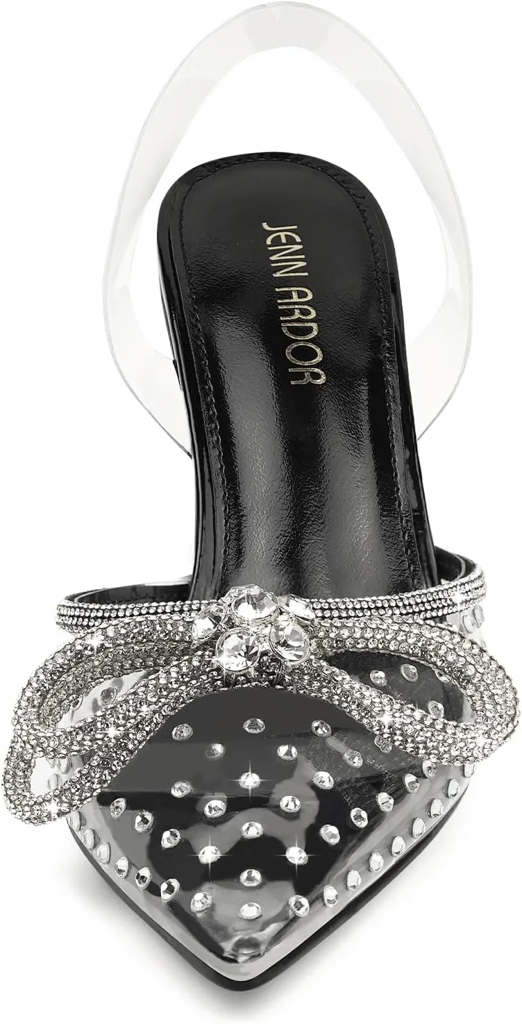 JENN ARDOR Women’s Heels for Bride Sparkly Low Heels Slingback Pumps 3.4 inch Clear Kitten Heels Wedding with Rhinestones Bow Pumps Pointed Toe Sandals Dress Shoes for Prom Party Dating