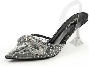 JENN ARDOR Women’s Heels for Bride Sparkly Low Heels Slingback Pumps 3.4 inch Clear Kitten Heels Wedding with Rhinestones Bow Pumps Pointed Toe Sandals Dress Shoes for Prom Party Dating