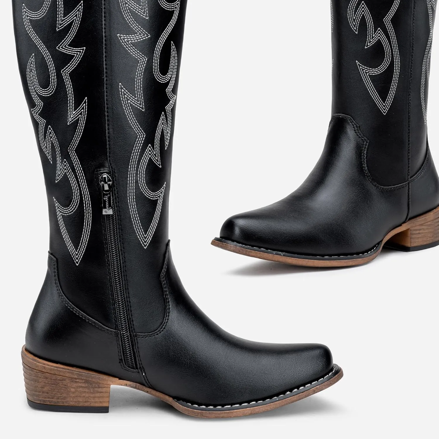 Jeossy Women's Cowboy Boots Embroided Western Cowgirl Boots Square Toe Knee High Pull on Wide Calf Shoes with Inside Zipper