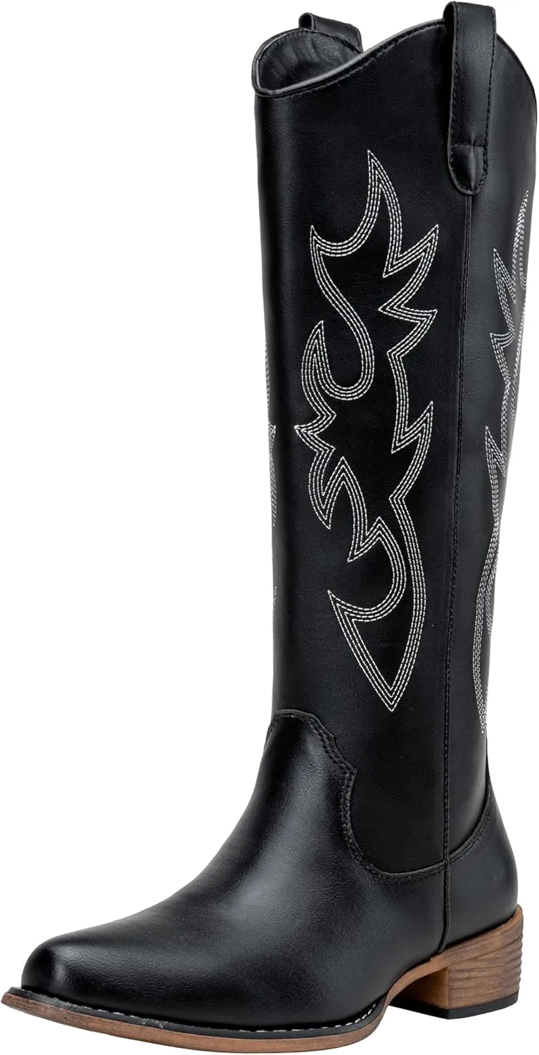 Jeossy Women's Cowboy Boots Embroided Western Cowgirl Boots Square Toe Knee High Pull on Wide Calf Shoes with Inside Zipper