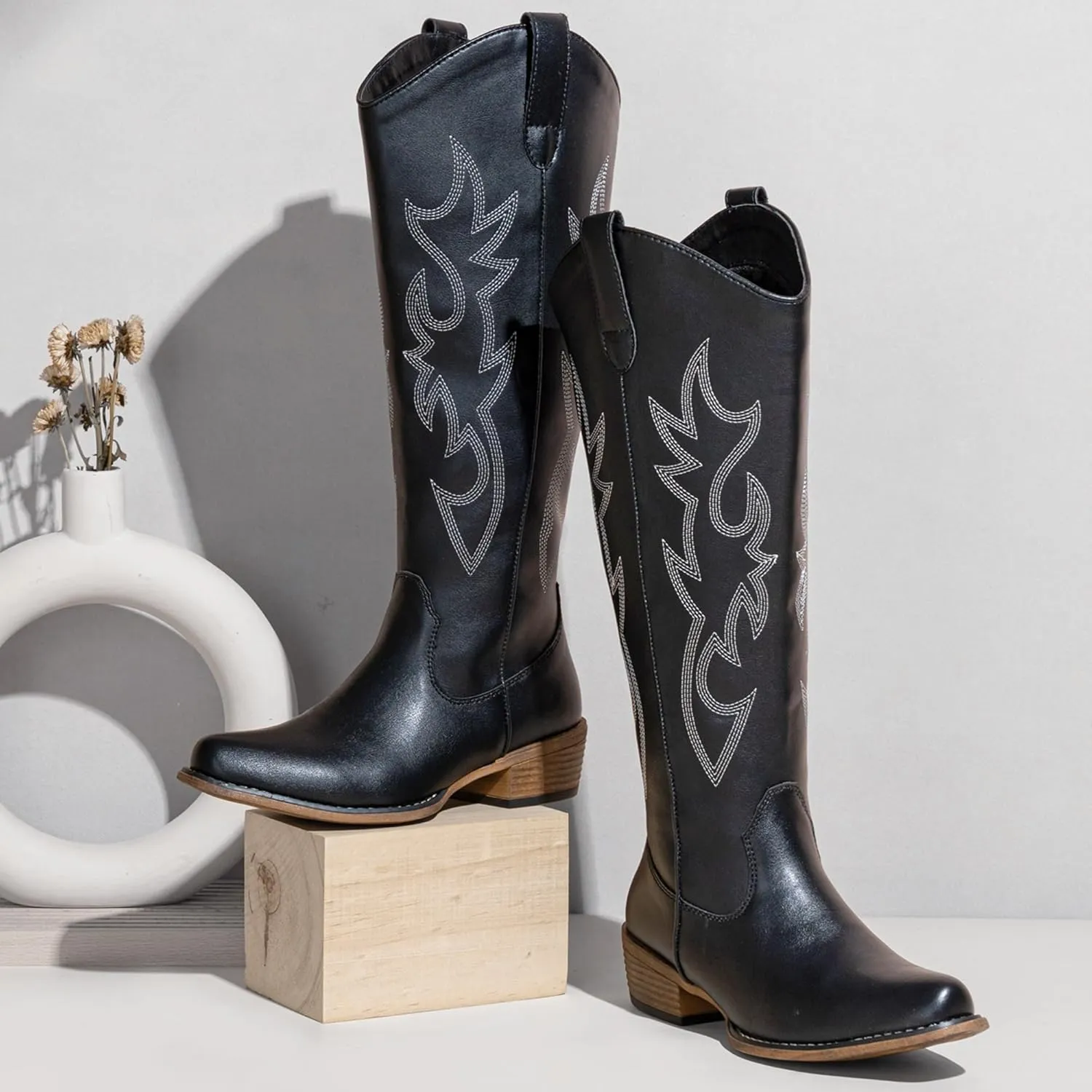 Jeossy Women's Cowboy Boots Embroided Western Cowgirl Boots Square Toe Knee High Pull on Wide Calf Shoes with Inside Zipper