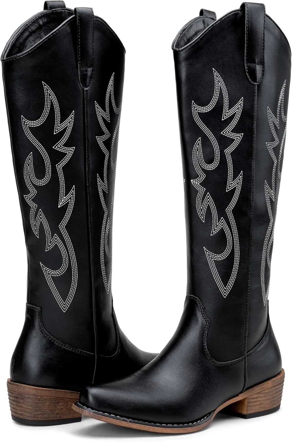 Jeossy Women's Cowboy Boots Embroided Western Cowgirl Boots Square Toe Knee High Pull on Wide Calf Shoes with Inside Zipper