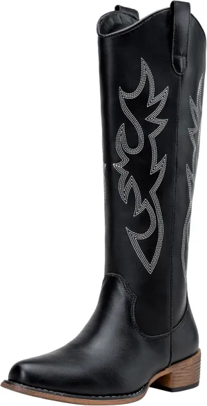 Jeossy Women's Cowboy Boots Embroided Western Cowgirl Boots Square Toe Knee High Pull on Wide Calf Shoes with Inside Zipper