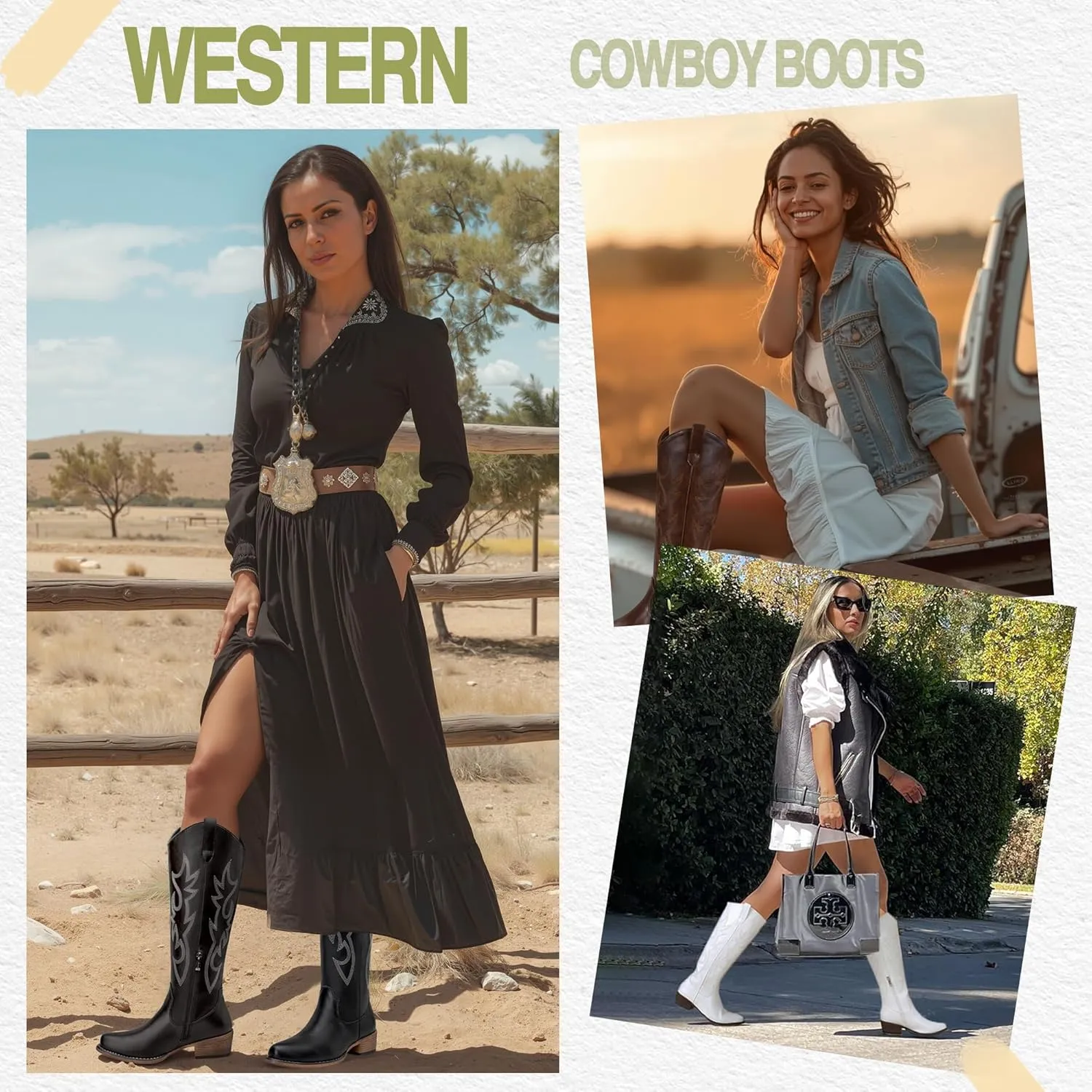 Jeossy Women's Cowboy Boots Embroided Western Cowgirl Boots Square Toe Knee High Pull on Wide Calf Shoes with Inside Zipper