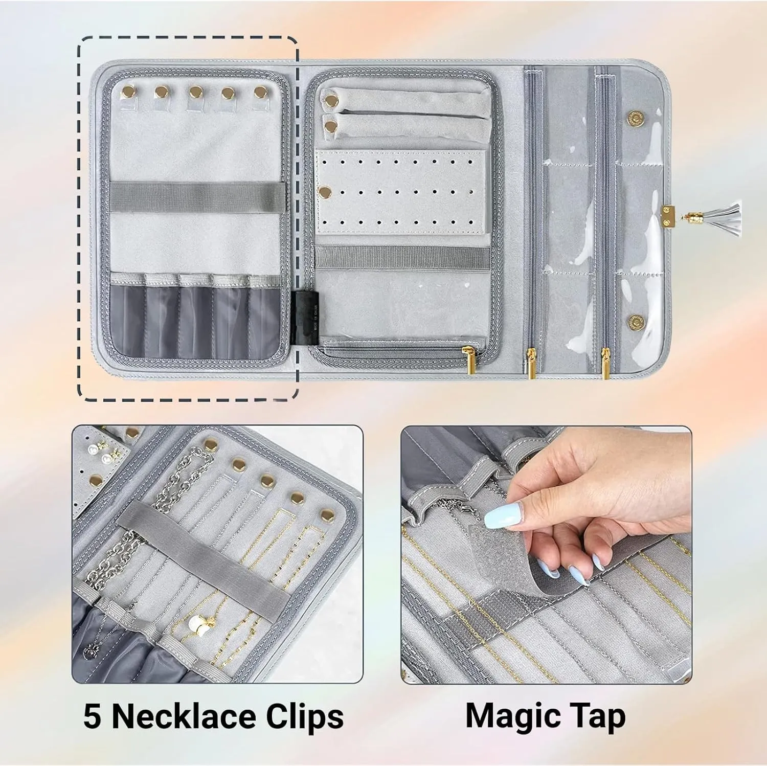 Jewelry Roll, Portable Jewelry Organizer Bag for Necklaces, Earrings, Rings, Bracelets, Lightweight Jewelry Storage Case Holder for Travel, Daily Life, Gift, Grey