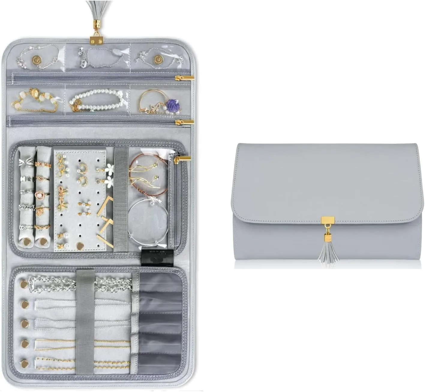 Jewelry Roll, Portable Jewelry Organizer Bag for Necklaces, Earrings, Rings, Bracelets, Lightweight Jewelry Storage Case Holder for Travel, Daily Life, Gift, Grey