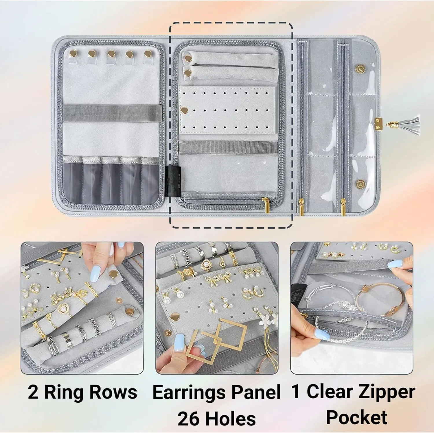 Jewelry Roll, Portable Jewelry Organizer Bag for Necklaces, Earrings, Rings, Bracelets, Lightweight Jewelry Storage Case Holder for Travel, Daily Life, Gift, Purple