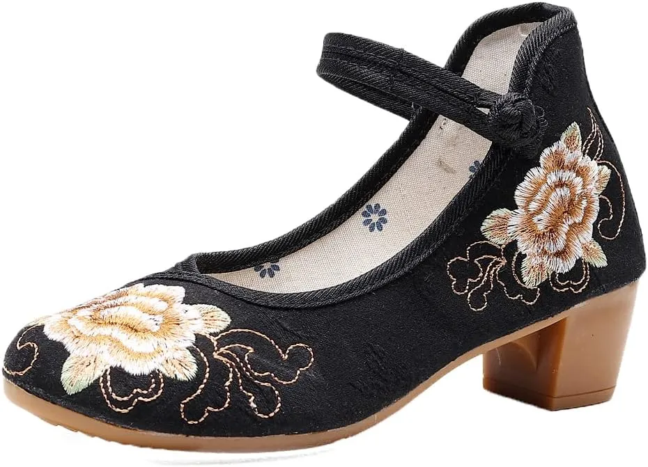 JOEupin Women Chinese Embroidered Flower Flat Bridal Mary Jane Ballet Shoes