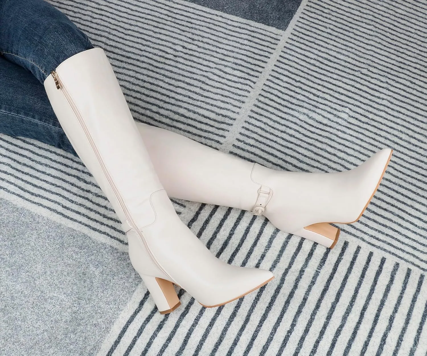 JOY IN LOVE Women's High Block Heel Wrinkled Slouchy Zipper Knee High Boots