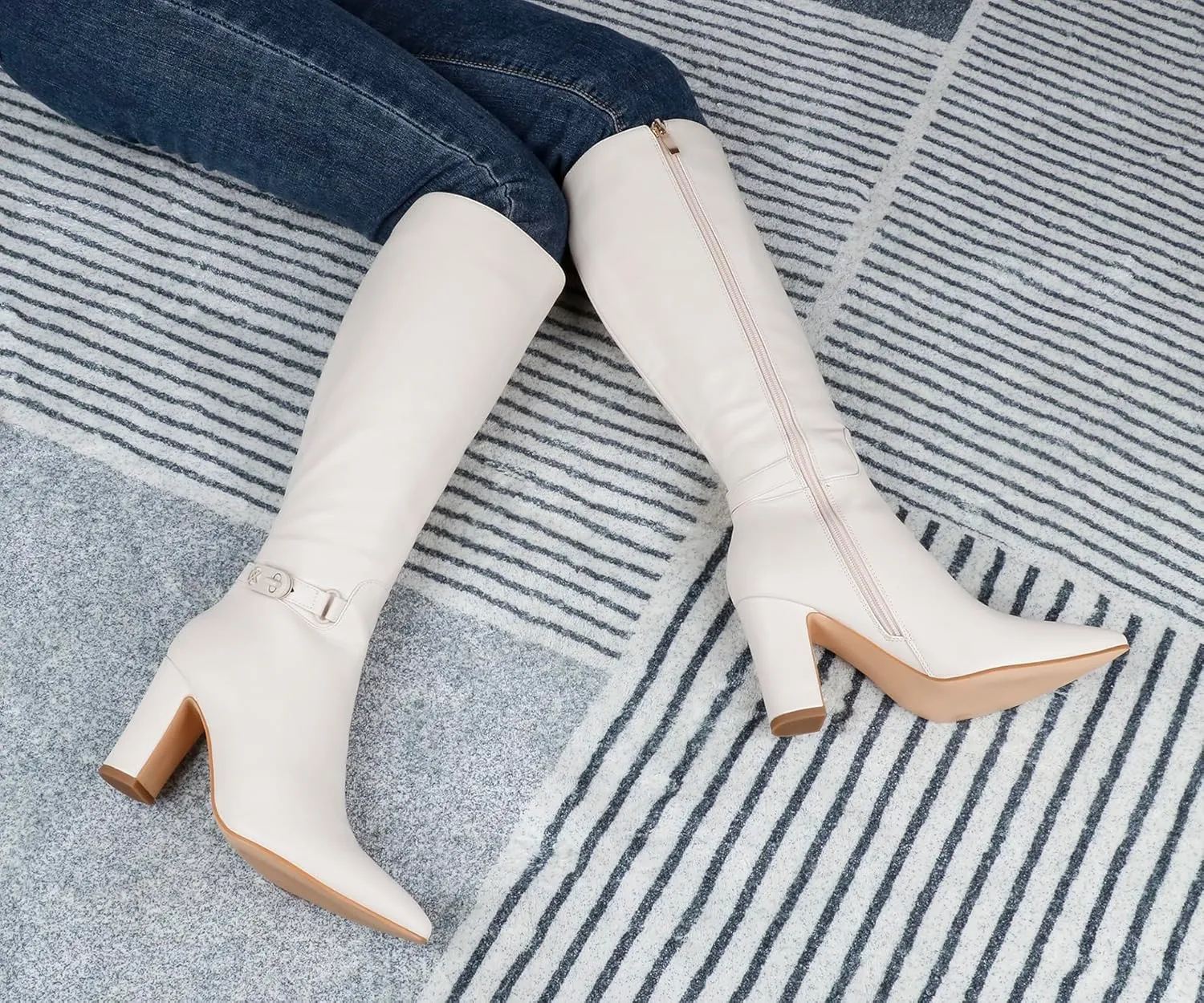 JOY IN LOVE Women's High Block Heel Wrinkled Slouchy Zipper Knee High Boots