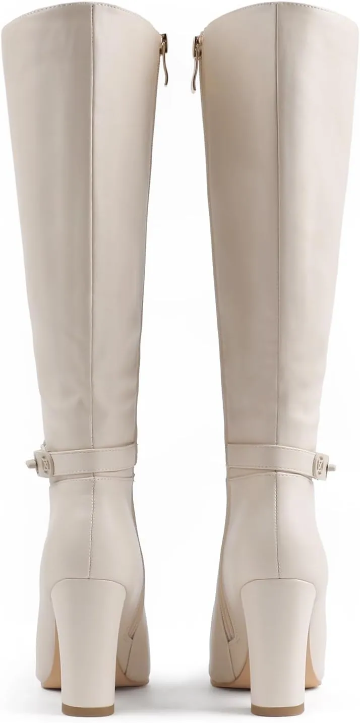 JOY IN LOVE Women's High Block Heel Wrinkled Slouchy Zipper Knee High Boots