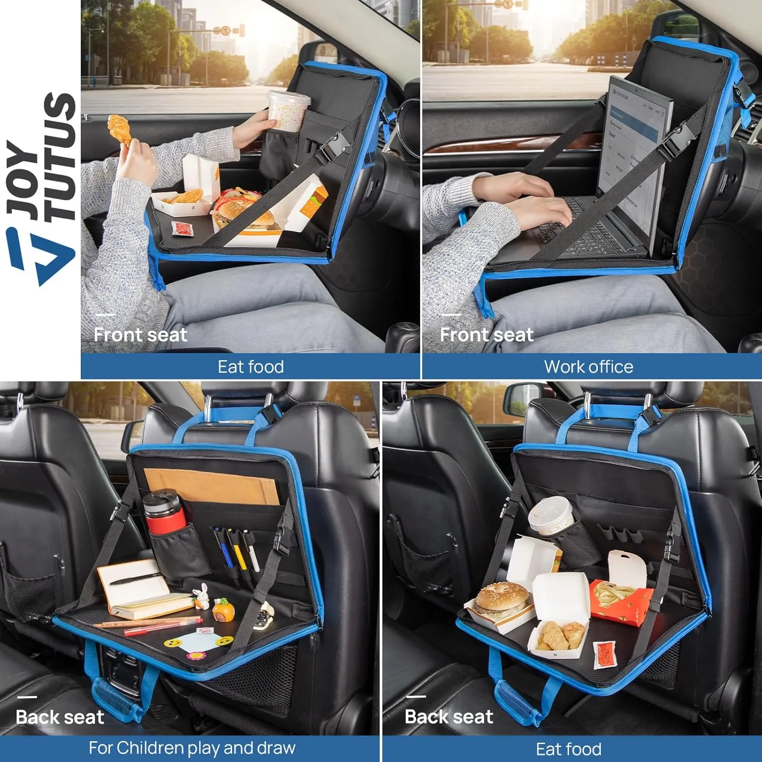 JOYTUTUS 3 in 1 Steering Wheel Eating Tray (Blue), Car Back Seat Laptop Desk, Multifunctional Car Office Bag, Car Work Table for Writing, Car Organizer for Kids, Commuters, Family