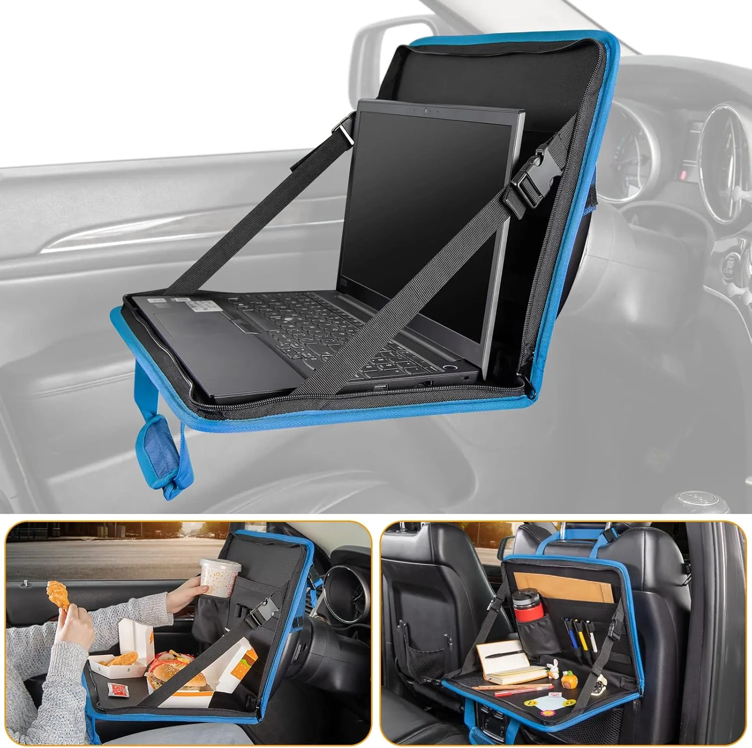 JOYTUTUS 3 in 1 Steering Wheel Eating Tray (Blue), Car Back Seat Laptop Desk, Multifunctional Car Office Bag, Car Work Table for Writing, Car Organizer for Kids, Commuters, Family