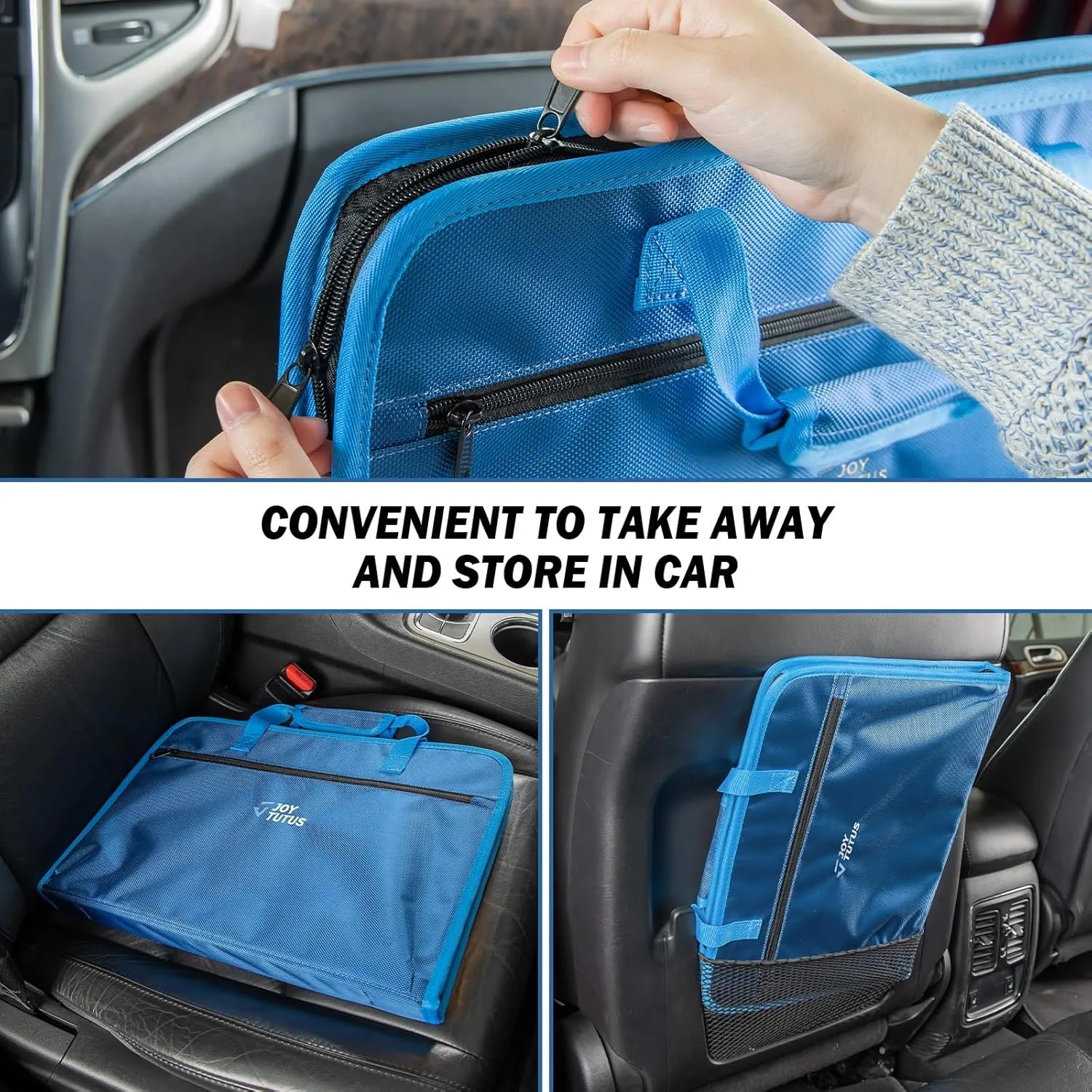 JOYTUTUS 3 in 1 Steering Wheel Eating Tray (Blue), Car Back Seat Laptop Desk, Multifunctional Car Office Bag, Car Work Table for Writing, Car Organizer for Kids, Commuters, Family