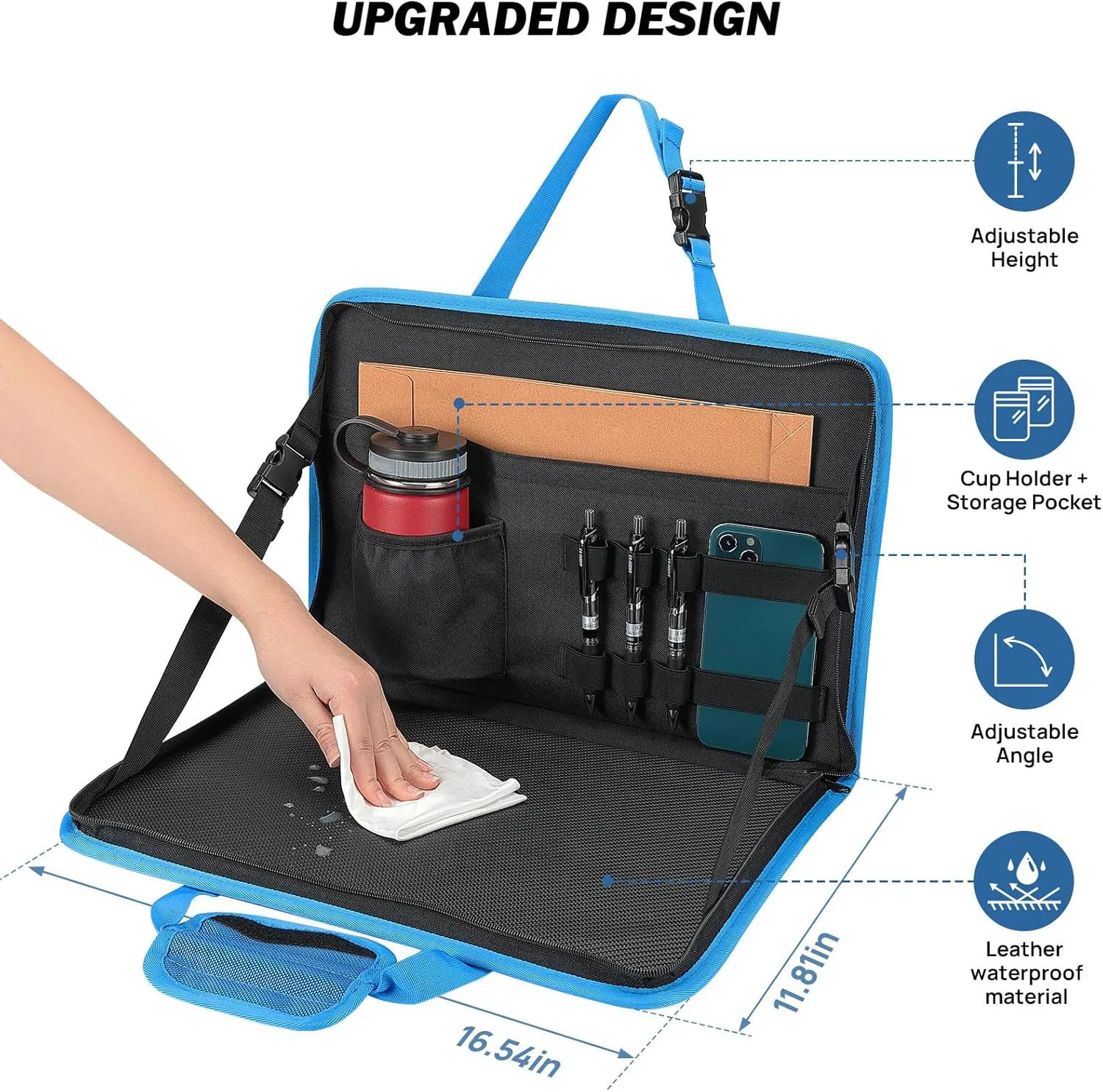 JOYTUTUS 3 in 1 Steering Wheel Eating Tray (Blue), Car Back Seat Laptop Desk, Multifunctional Car Office Bag, Car Work Table for Writing, Car Organizer for Kids, Commuters, Family