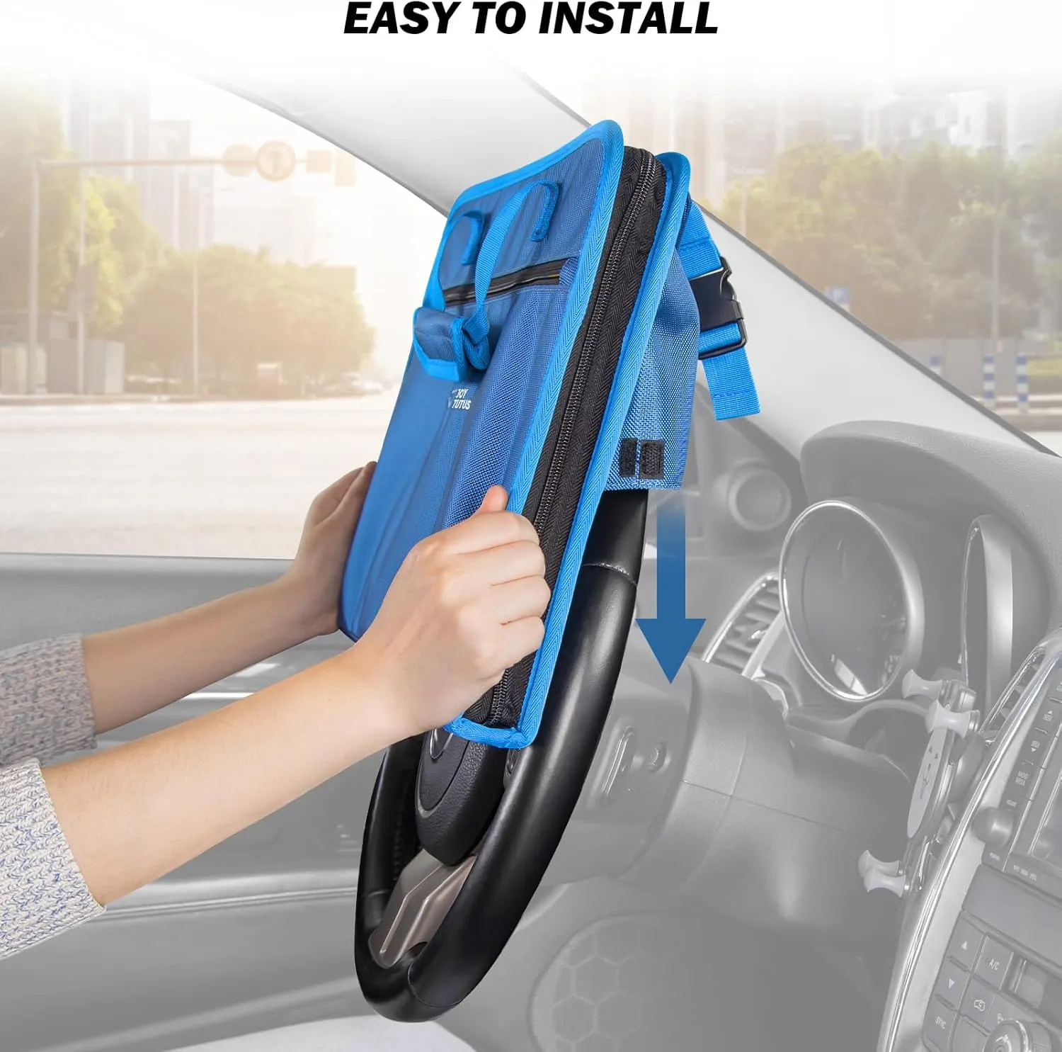 JOYTUTUS 3 in 1 Steering Wheel Eating Tray (Blue), Car Back Seat Laptop Desk, Multifunctional Car Office Bag, Car Work Table for Writing, Car Organizer for Kids, Commuters, Family