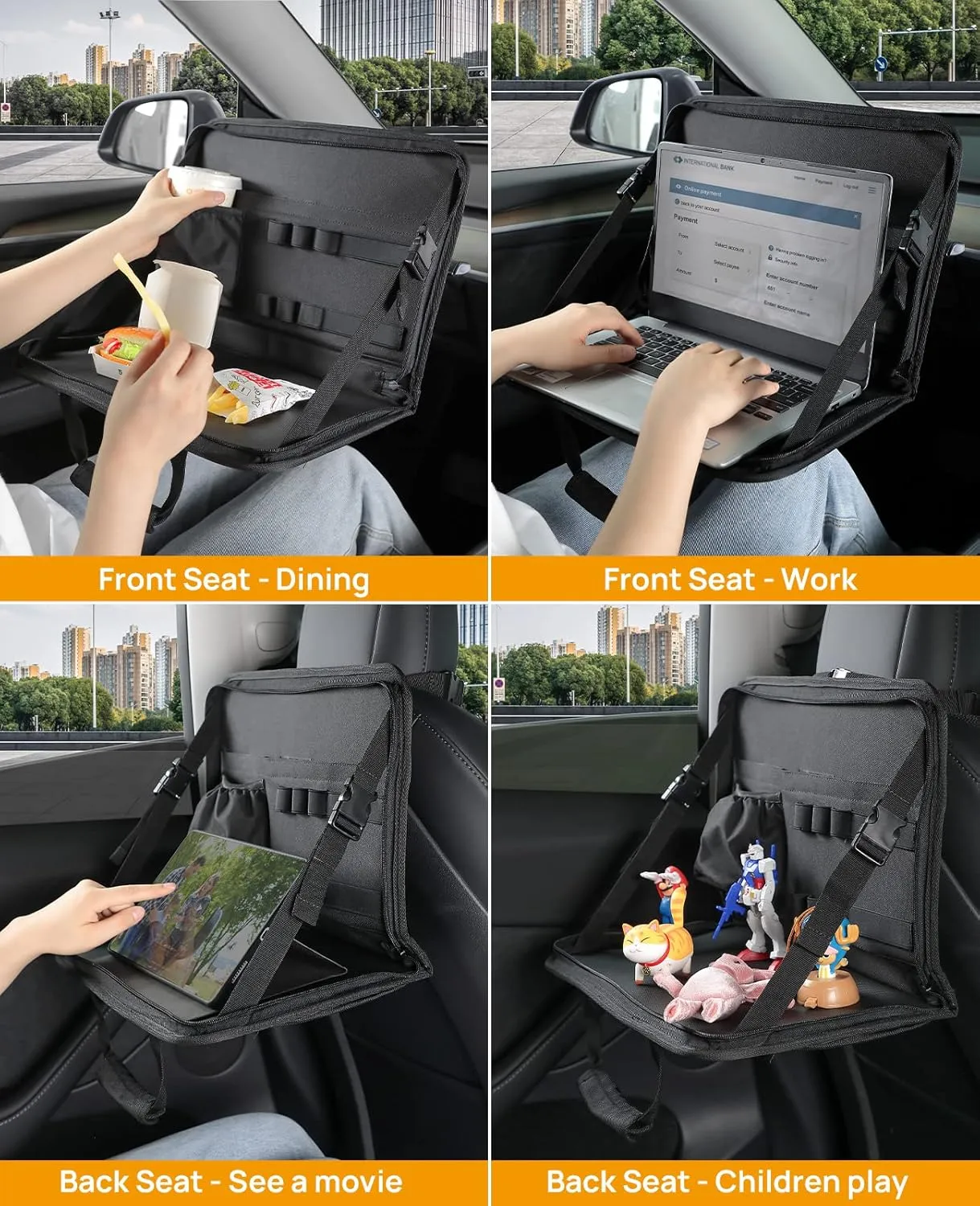 JOYTUTUS 3 in 1 Steering Wheel Eating Tray Upgraded(16.1 * 10 inch), Car Back Seat Laptop Desk, Multifunctional Car Office Bag, Car Work Table for Writing, Car Organizer for Kids, Commuters, Family