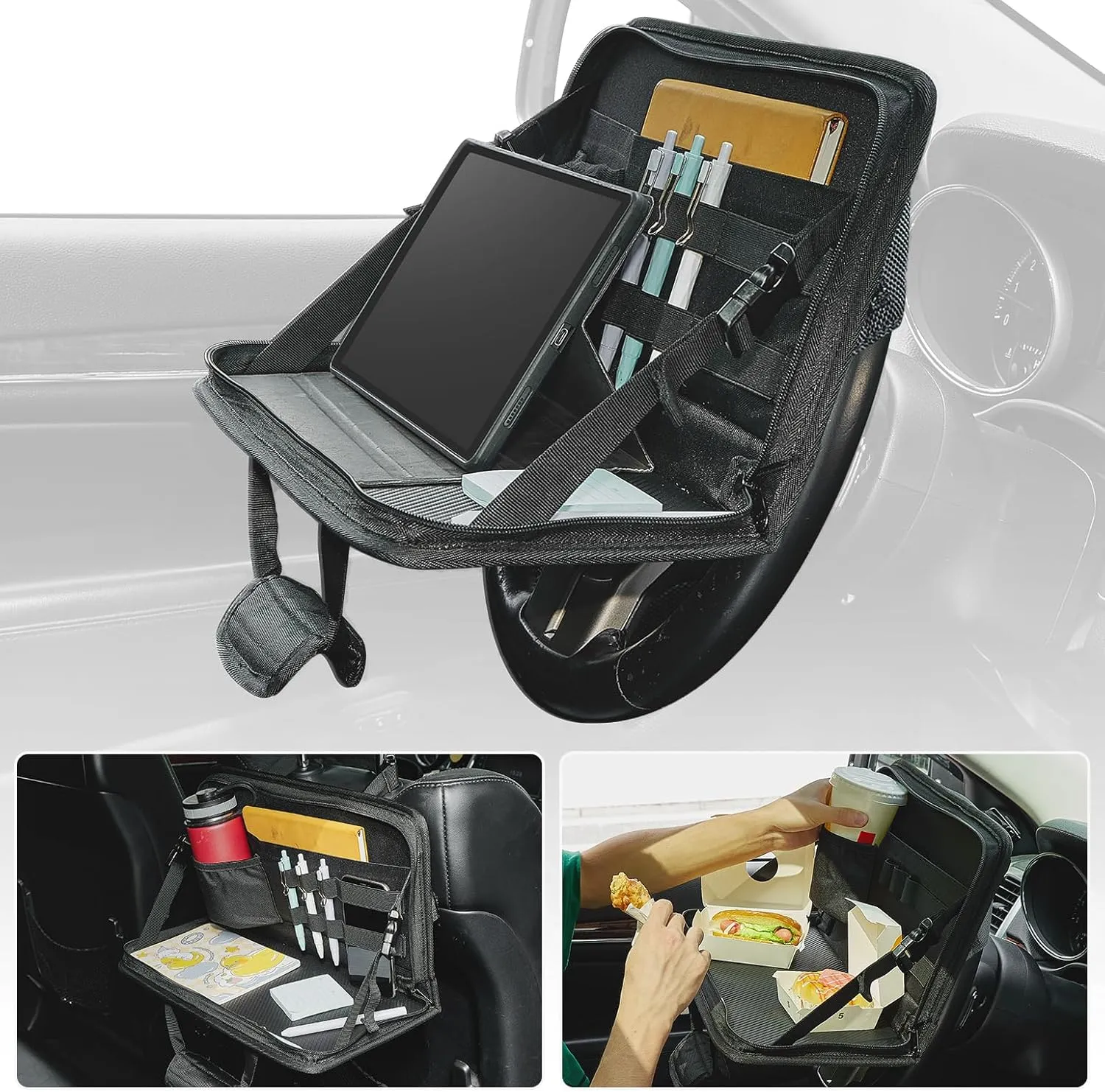 JOYTUTUS Steering Wheel Tray, Car Multifunctional Laptop Desk, Car Office Bag, Back Seat Headrest Table for Eating, Fit for Small Sedan and Small SUV, Like The Honda Civic, Honda CR-V, etc.