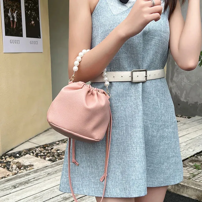 Kawaii Pearl Chain Bucket Bag 🐰✨ | Adorable PU Shoulder Tote for Trendy Ladies