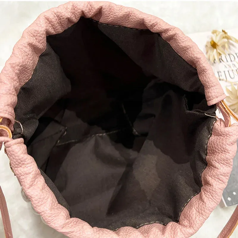 Kawaii Pearl Chain Bucket Bag 🐰✨ | Adorable PU Shoulder Tote for Trendy Ladies