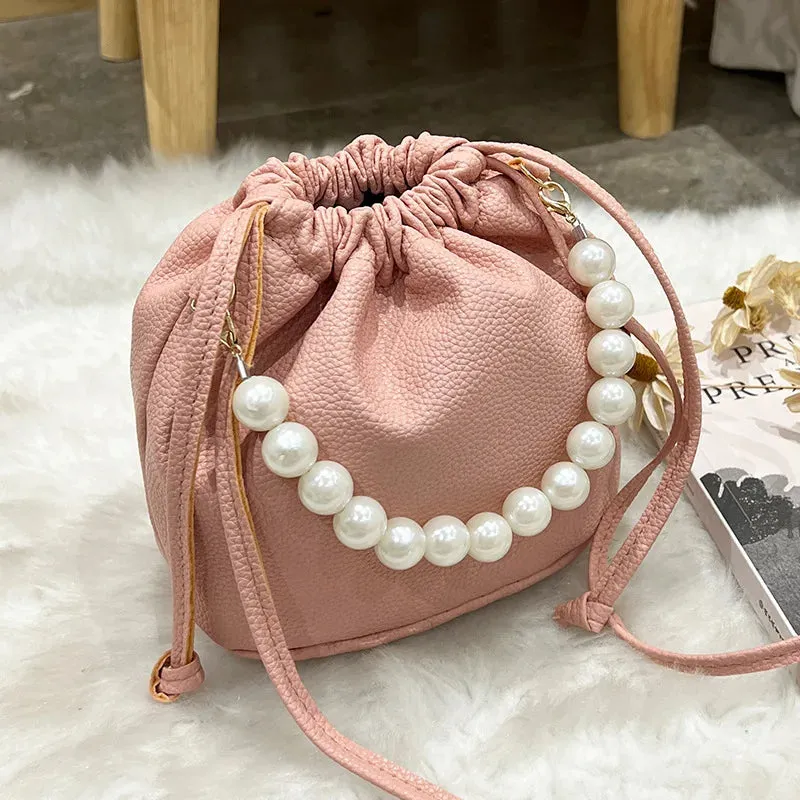 Kawaii Pearl Chain Bucket Bag 🐰✨ | Adorable PU Shoulder Tote for Trendy Ladies