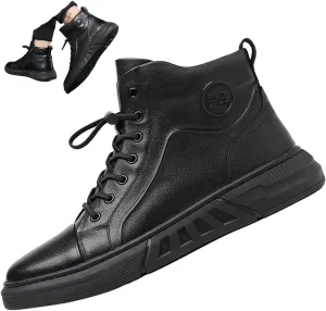 Keilinia Men Black Italian Hand-Stitching High Height Casual Leather Boots,Fall Winter Non-slip Luxury Business Ankle Booties